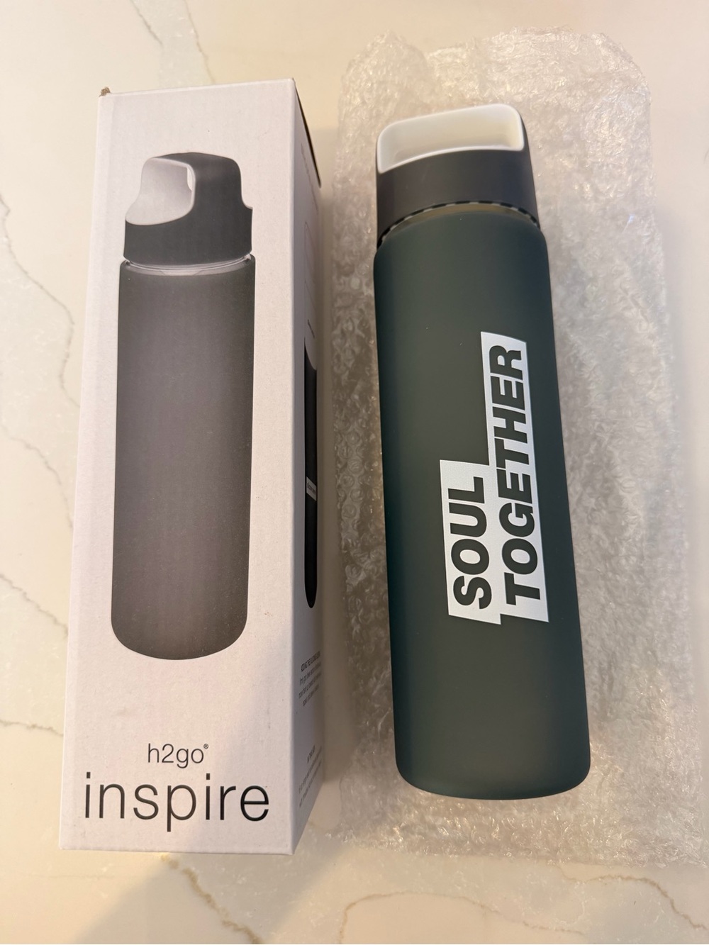 h2go Inspire Water Bottle - Dark Green /  Gray with White "SOUL TOGETHER" logo